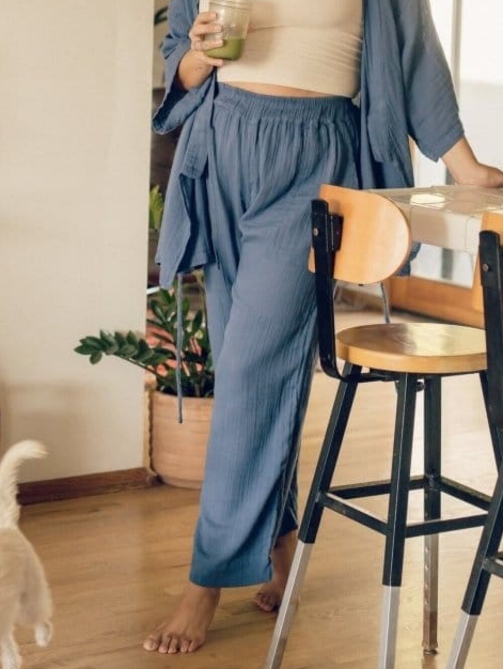 Oddbird Kardes Gauze Cotton Lounge Pant Blue Womens Size L Minimalist Athleisure